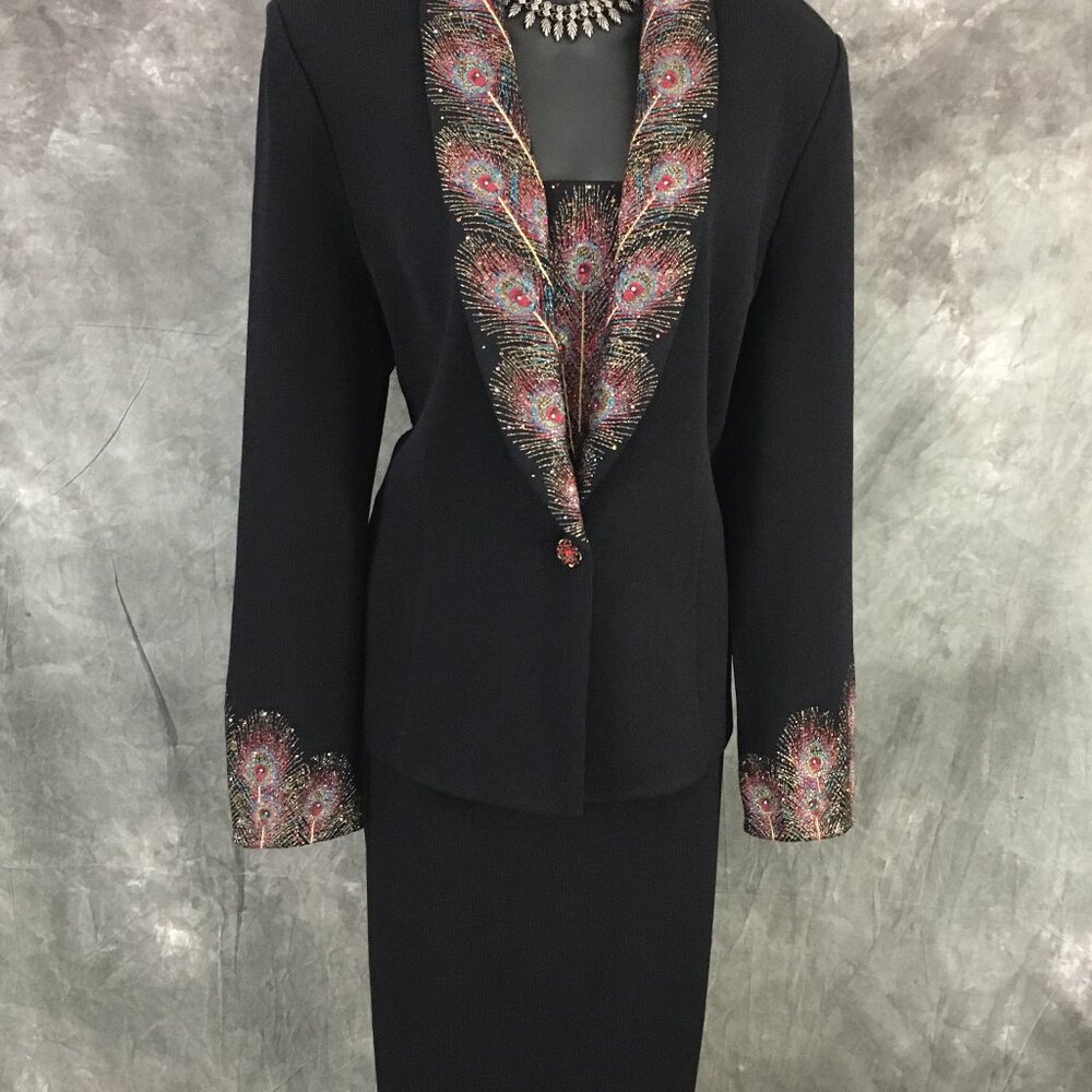 BEAUTIFUL st john evening knit black rhinestones embellished skirt suit 14 16 - Picture 3 of 11